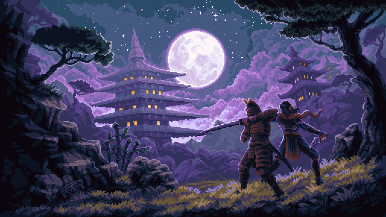 Chronicles of 2 Heroes key art: Kensei and Ayame under a full moon
